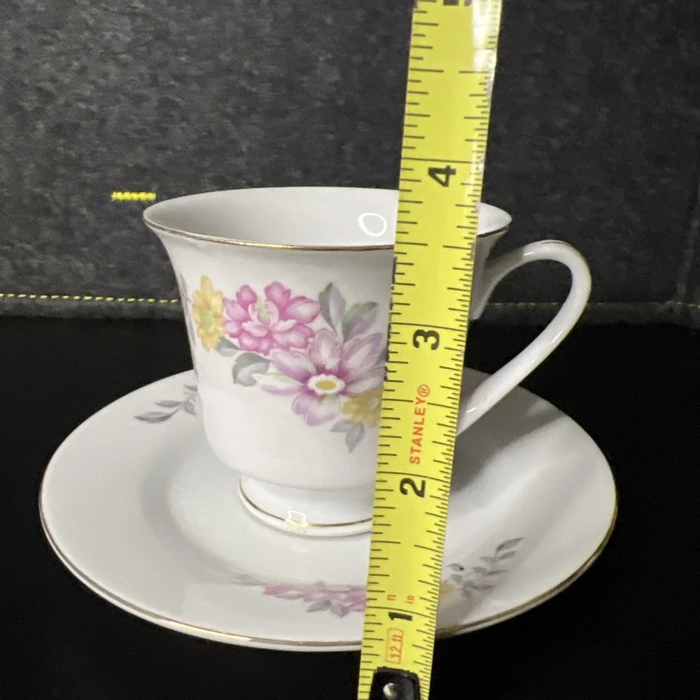 STR China Vintage Pink‎ Purple Yellow Floral Tea Cup and Saucer Gold Accents
